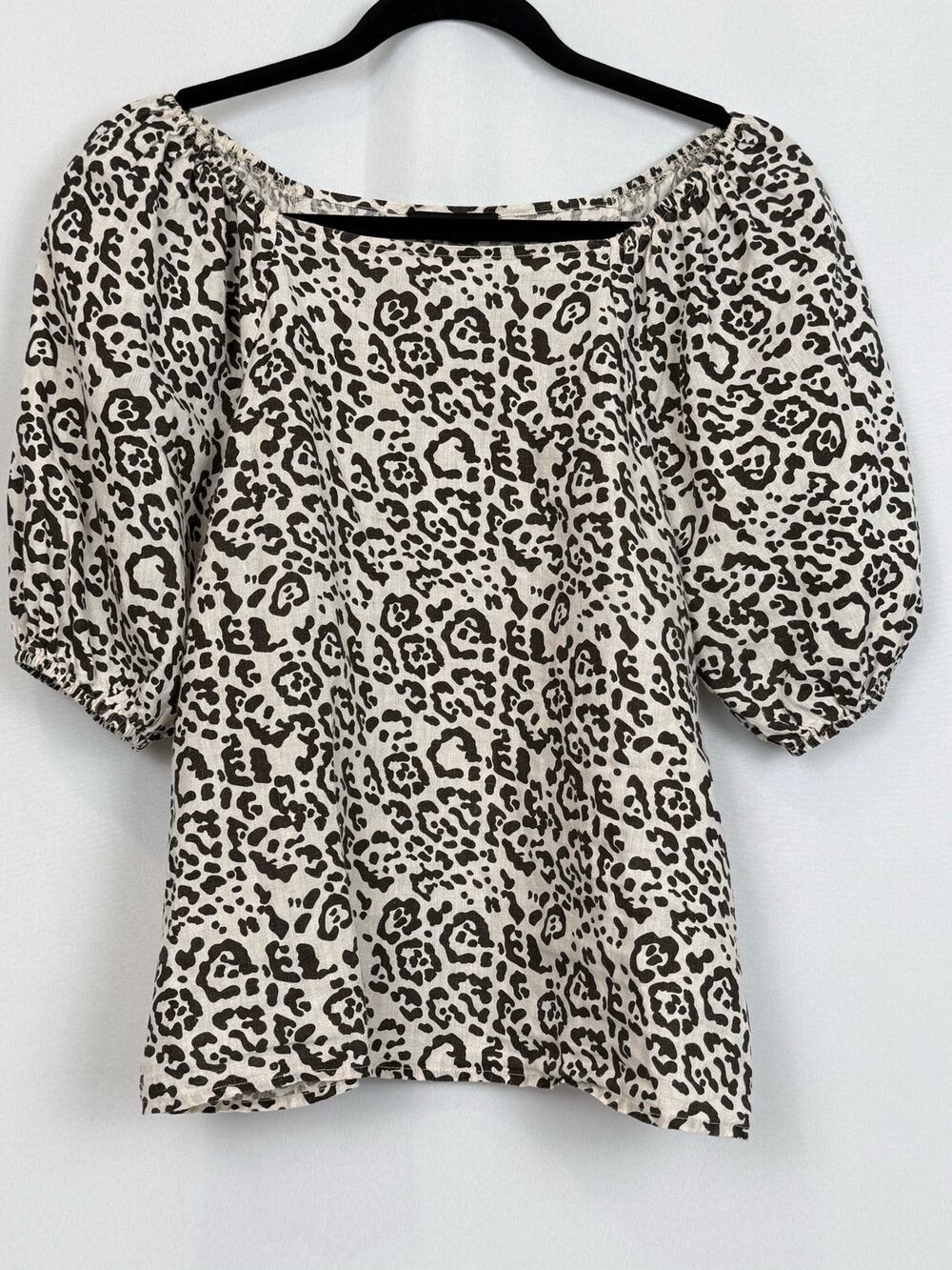Saks Fifth Avenue Small Leopard Print Linen Top Puff Sleeve Elastic Neck
